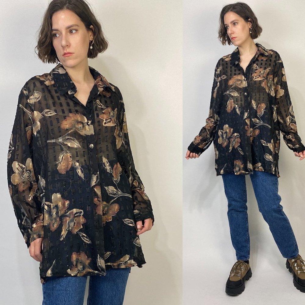 Vintage 90s SHEER FLORAL Button Up! Large to XL